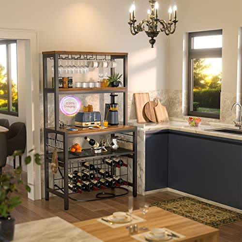 Unikito Wine Bar Cabinet With Led Light And Sockets, Industrial Coffee Bar Cabinet For Liquor And Glasses, Freestanding Wine Rack Table, Farmhouse Bar Cabinet With Adjustable Wine Racks, Rustic Brown #TOP6