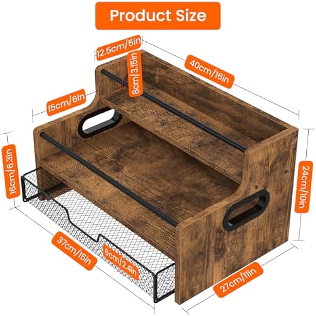 Homode Coffee Syrup Organizer Rack, 3-Tier 8 Bottles Syrup Stand with 35 K Cup Storage Drawer for Coffee Station Bar Accessories, Countertop Wood Liquor Bottle Holder for Wine, Rustic Brown