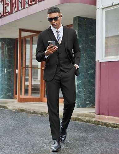 COOFANDY Men's 3 Pieces Suits Classic Fit 2 Buttons Dress Suit Set Wedding Business Dinner Prom Jacket Vest Pants Black3