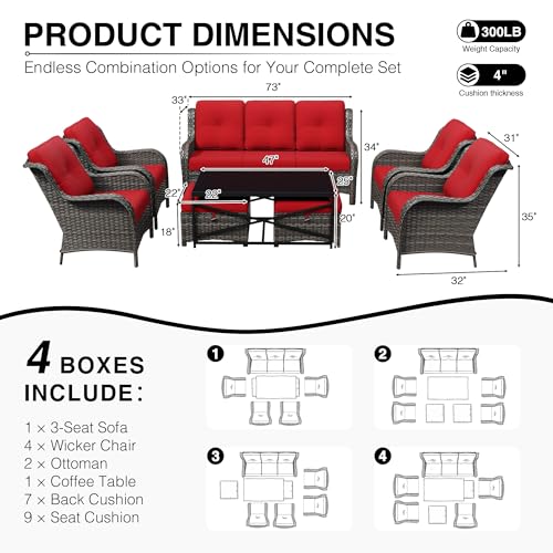 Image of Joyside 8 Piece Wicker Patio Furniture Set, Rattan Patio Chairs with High Back, Deep Seating, Wide Armrest, Thickened Cushions, Outdoor Furniture for Deck, Porch Use