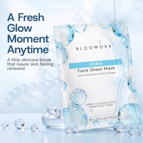 BLOOMORA PDRN Face Sheet Mask – Korean Hydrogel Sheet Mask with Salmon DNA, Hyaluronic Acid & Collagen – Glass Skin Hydrating Facial Masks, Daily Glow Treatment, Pack of 10