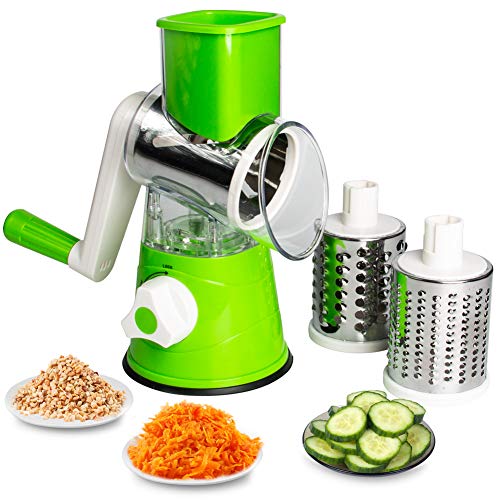 MDCGFOD Rotary Cheese Grater Handheld Round Mandoline Slicer Chopper with Strong Suction Base Cheese Graters for Kitchen Vegetable Slicer Potato Slicer Carrot Cheese Shredder with 3 Drum Blades