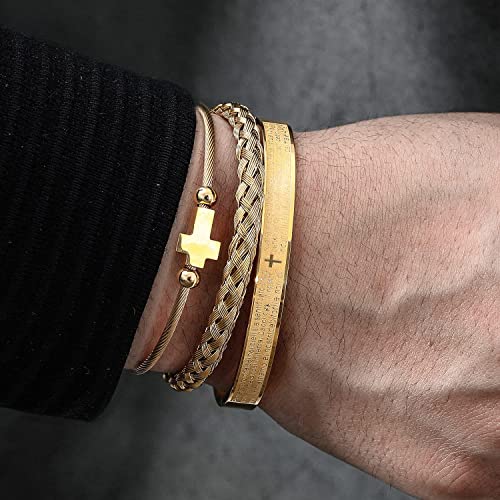 Funeia 3Pcs Gold Bracelet For Men Stainless Steel Mens Cuff Bracelet Twisted Cable Bracelet Roman Numeral Bangle Bracelet Luxury Bracelets Jewelry Gifts (7:Gold) #TOP2