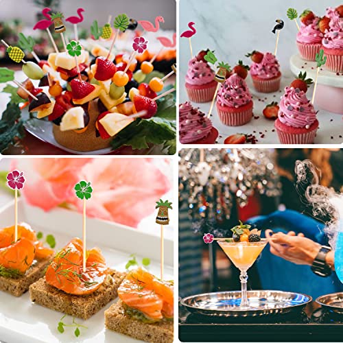 200pcs Summer Hawaiian Cocktail Picks 5″ Tropical Theme Hibiscus Flamingo Decorative Toothpicks Fruit Dessert Sticks Food Appetizer Skewers for Drinks Hawaii Decoration Themed Party Supplies