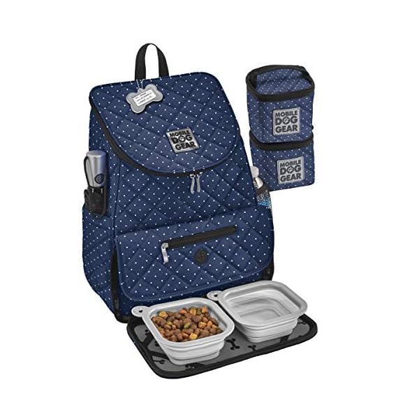 Mobile Dog Gear Dog Travel Bag - Deluxe Quilted Weekender Backpack with Food Carriers and Collapsible Bowls