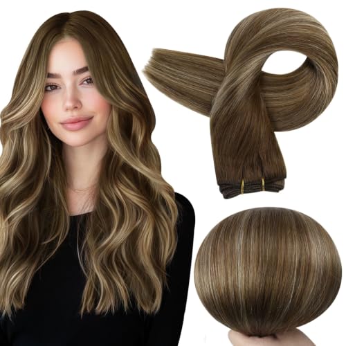 Image of Full Shine Weft Hair Extensions Human Hair 20 Inch 105G, Ombre Hair Weft, Invisible Sew In Hair Extensions, Medium Brown To Butter Blonde Mix Medium Brown, Thick Hair, Long Styling,Add Length