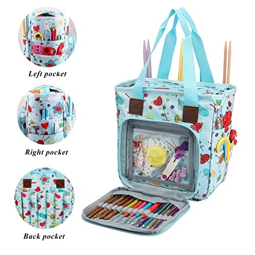 KOKNIT Knitting Tote Bag, Portable Carry on Knitting Crochet Yarn Storage Bag with Pockets Organizer Crochet Hooks, Knitting Needles and Accessory