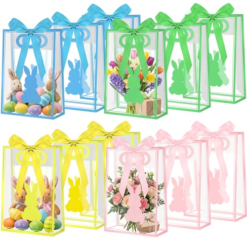 Gilprop Pastel Clear Bunny Plastic Gift Bags with Handles Bunny Reusable Treat Tote Goodie Bags with Ribbons for Spring Birthday Party Favors Supplies Snack Candy Treat 10.2 x 7.1 x 3.2 Inch(12 Pcs)