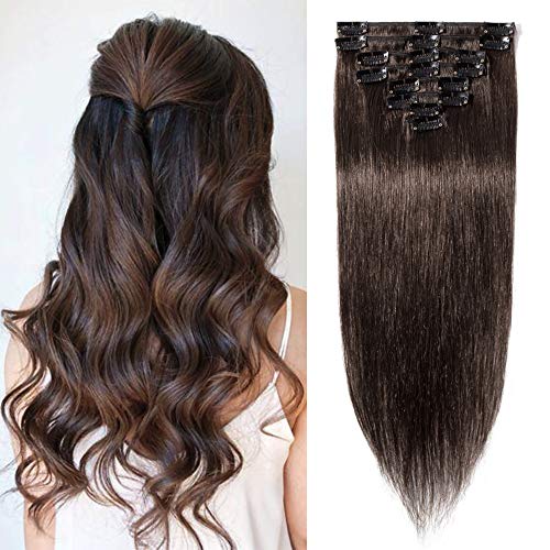 S-noilite Clip in Human Hair Extension 12 Inch 55g 8 Pieces 18 Clips Clip on Remy Hair Extensions Thin Straight Short Clip in Hairpieces For Women #2 Dark Brown