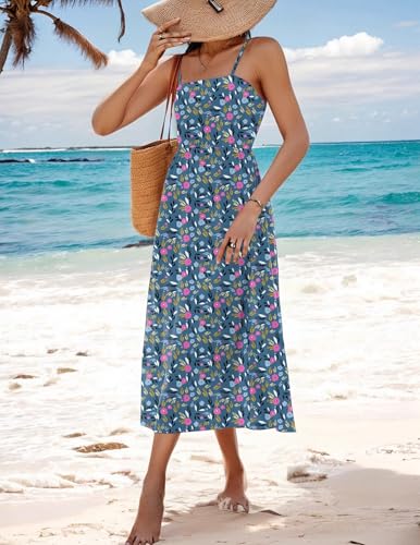 Image of Zeagoo Women's Summer Casual Boho Sundress Spaghetti Strap Square Neck Flowy Midi Dresses A Line Beach Dress with Pockets