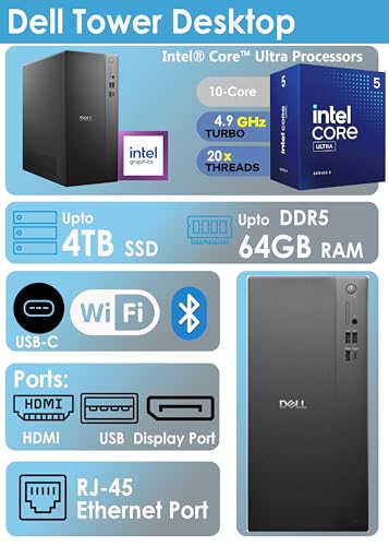 Image of Customized Dell Desktop Tower, Intel Ultra 5 (10 Core) CPU, 8GB / 16GB / 32GB / 64GB RAM, 512GB / 1TB / 2TB SSD, Ultra-Quiet Design, Dual 4K Monitor Support, Wi-Fi 6, Card Reader, KB & Mouse, Win 11