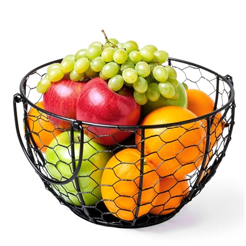 WILLIZTER Round Wire Basket Black Fruit Basket Bowl with Handle