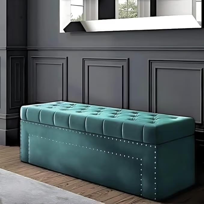 Roman Velvet Upholstered Ottoman Ripit with Storage 2 Seater Sofa Storage Box Footstool Toy Chest Shoe Bench Seats and Bed End Storage (Teal)