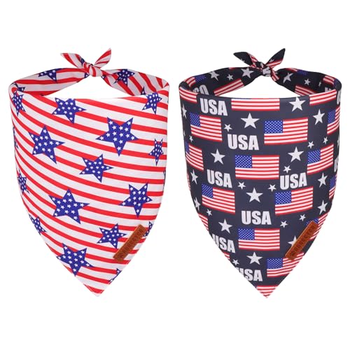 ADOGGYGO 4th of July Dog Bandanas 2 Pack, Reversible USA Flag & Star Print Puppy Scarf Bib Kerchief, Adjustable Fit Patriotic Bandana for Medium Large Dogs (Large)