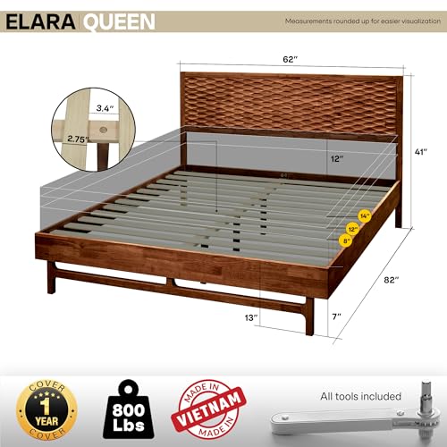 Image of Acacia Elara Queen Platform Bed Frame - Solid Wood Mid-Century Modern Bed with Headboard, Spearhead Grain, Walnut Finish, 800lbs Support, No Box Spring, Easy Assembly with Tools