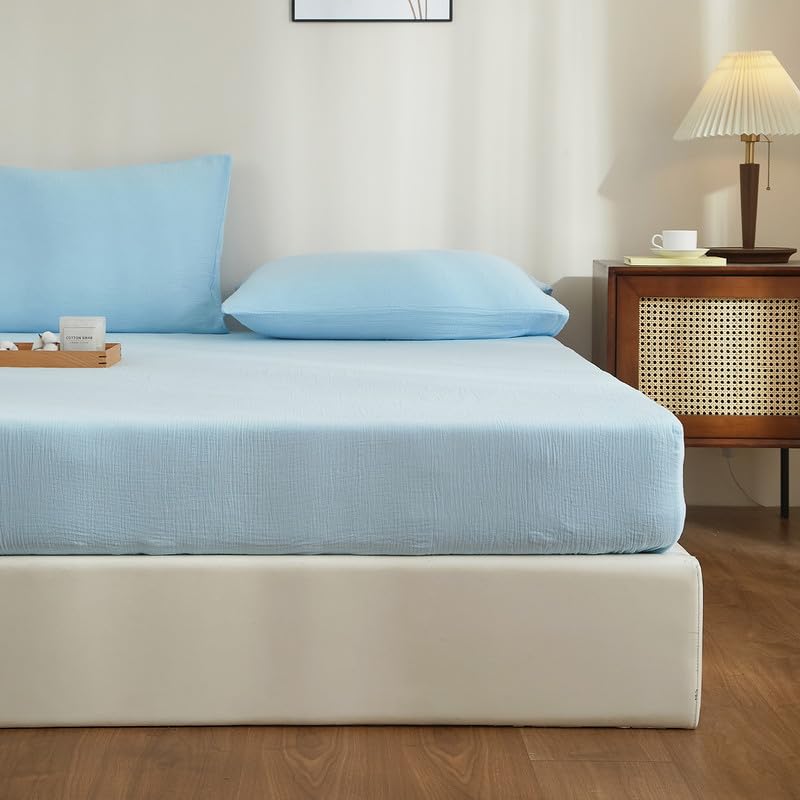 Gezu Musselin Spannbettlaken 90 x 200 cm, 100 % Baumwolle, hellblau, einfarbig, Bettlaken, Baumwollgaze, Spannbettlaken, atmungsaktiv, für dicke Matratzen, hypoallergen, bügelfrei, elastischer Saum