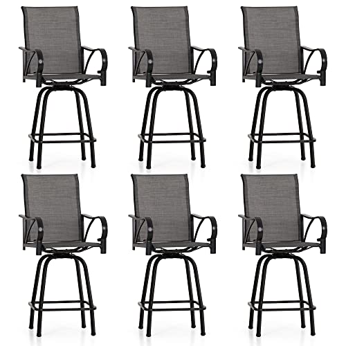 Image of PHI VILLA Outdoor Swivel Bar Stools Set of 6, Bar Height Patio Bar Stools & Chairs, All-Weather High Top Patio Chairs with Textilene Fabric for Outdoor, Grey