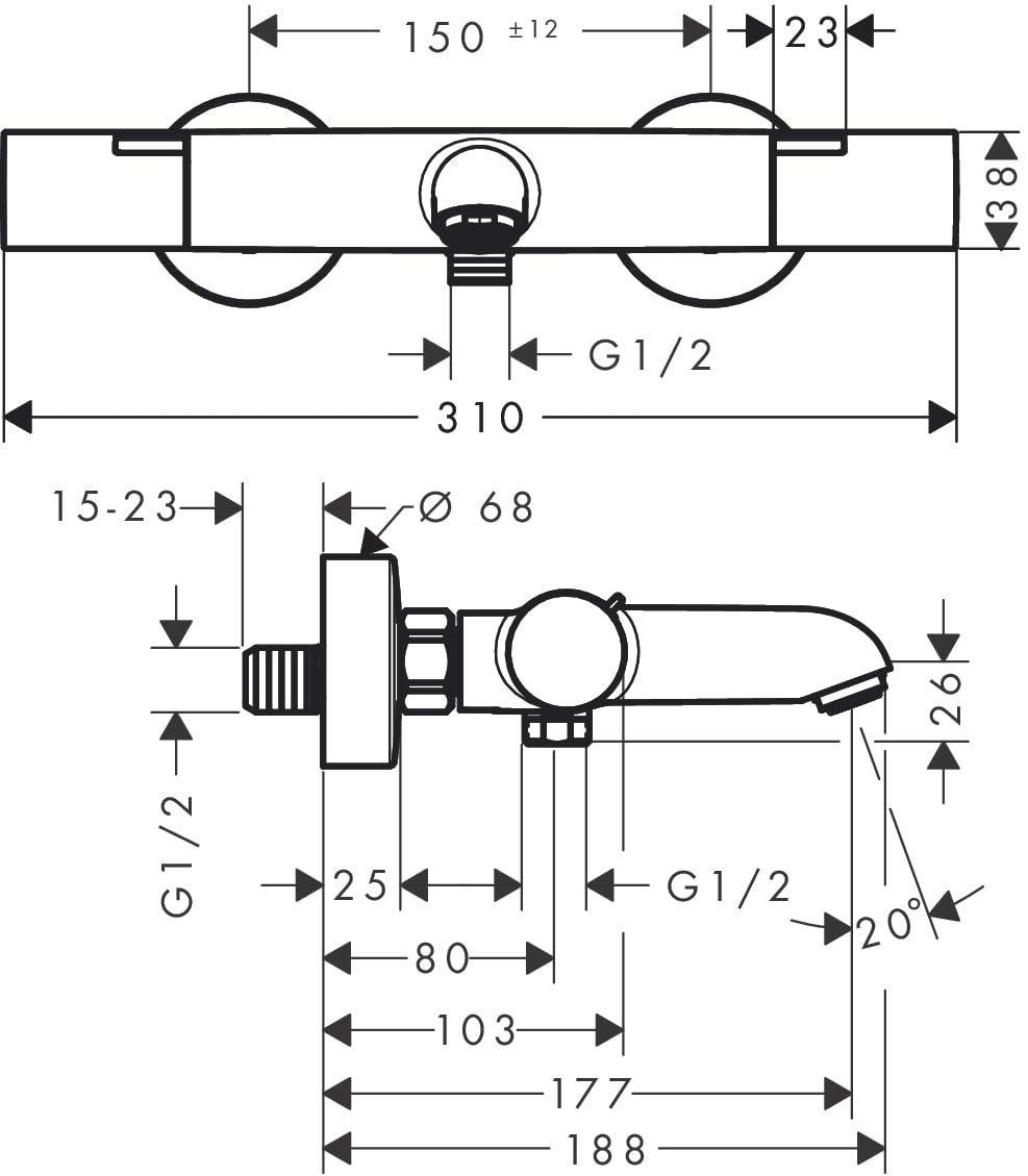 hansgrohe Ecostat Fine - Wannenthermostat Aufputz, Wannenarmatur mit Sicherheitssperre (SafetyStop) bei 40° C, Thermostat für die Badewanne, Mischbatterie für 2 Verbraucher, Chrom, 13325000