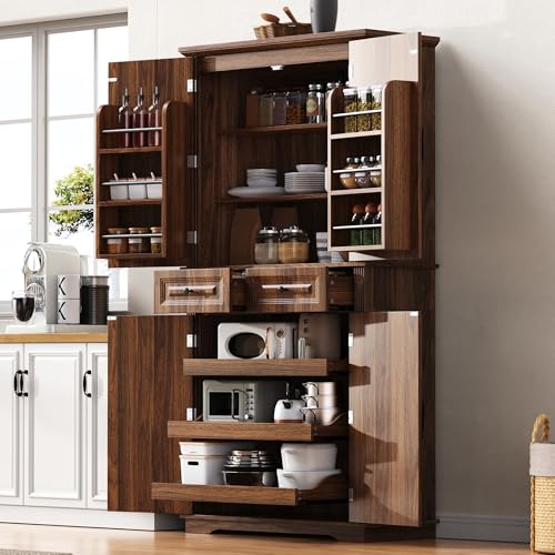 Image of Ball & Cast 71″Tall Farmhouse Kitchen Pantry Cabinet with 3 Pull Out Shelves & 2 Large Drawers,Versatile Pantry Storage Cabinet w / 6 Door Shelf & Adjustable Shelves for Kitchen,Dining Room,Walnut