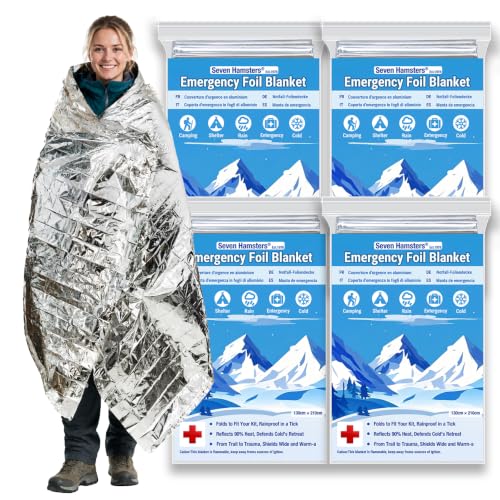 Seven Hamsters Emergency Blankets 4-Pack Foil Space Thermal Blanket for Outdoor Sport Camping Mylar Survival Equipment First Aid Bag Kit