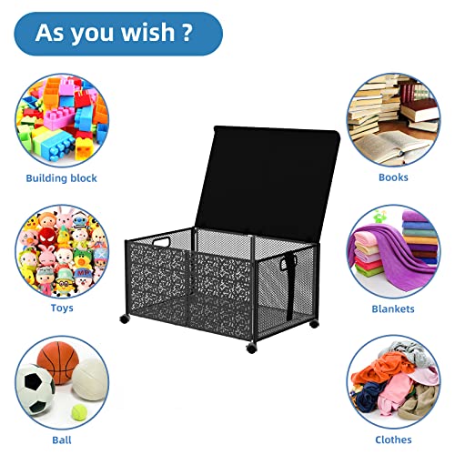 Idmop Large Metal Toy Box Storage,Toy Box Chest With Lid,Collapsible Sturdy Toy Storage Bins With Wheels,Toy Storage Baskets With Handles For Nursery Playroom (1 Pack, Black) #TOP4
