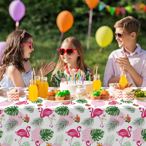Image of 6 Pack Summer Flamingo Tablecloth Party Decorations, Hawaiian Tropical Plastic Table Cloth, Disposable Luau Table Cover for Summer Flamingo Picnic Birthday Party Supplies Decorations, 54 inch x 108 inch