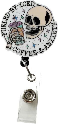 Fueled by Iced Coffee and Anxiety Skull, Acrylic, Skeleton Badge, Coffee Badge, Retractable Badge Reel With Swivel Clip and Extra-Long 34 inch cord