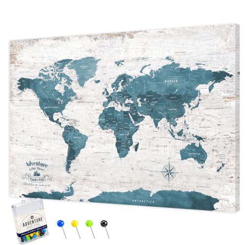 Image of IPIC Antique Blue World Travel Map with Pins, World Map Pin Board, 42x28 in