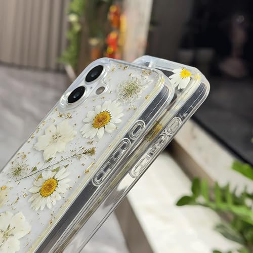 Coque iPhone 17 antichoc transparente ornée de véritables fleurs blanches