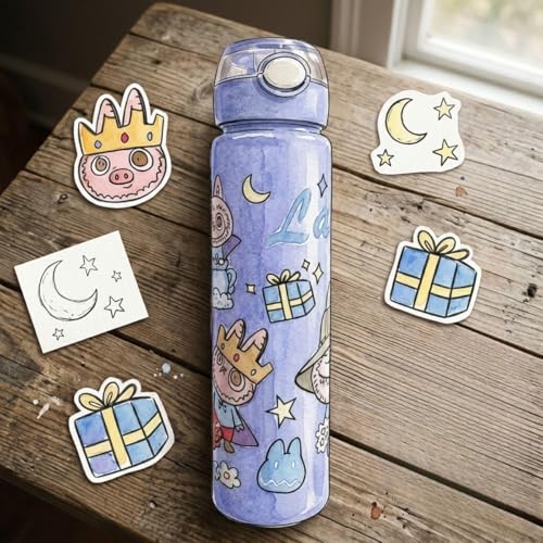 Image of Cartoon Printed Plastic Water Bottle for Kids Leak Proof Flip Cap Sipper Bottle with Strap School Drinking Bottle for Boys Girls Travel Office Use 900 ML (Purple)