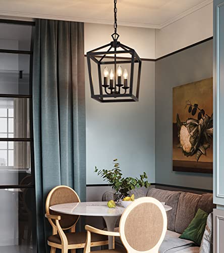 AMZASA Farmhouse Rustic Black Lantern Chandelier Hanging Light Fixture 4-Lights for Kitchen Island Dining Room Hallway Entryway Foyer UL Listed - Image 5