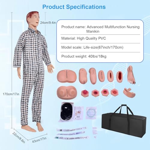 Image of 5.74ft Patient Care Medical Manikin Nursing Mannequin for Training, Male-Female Multi-Functional Human Anatomy CPR with Wound Modules, Highly Simulated Caregiver for Improving Nursing Skills
