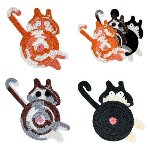 Handmade Crochet Cat Butt Coasters for Drinks - Set of 3 Funny Women Gifts for Cat Lovers Absorbent Cotton Handwoven Drink Coaster Mats Quirky Cute Themed Home Decor for Office Housewarming Mom Gift