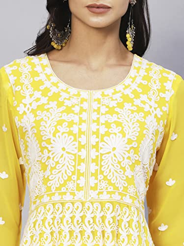 Image of ANNI Designer Women's Georgette Regular Fit Anarkali Chikankari Embroidered Calf Length Kurta Dress