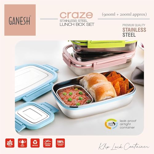 GANESH Craze Stainless Steel Tiffin Lunch Box Container/Dabba with 4 Side Clip Lock Lid for Office & School Use/Food Grade/Air Tight/Easy to Carry/Leak Proof(650ml 1pc + 140ml 1 Pc) Blue (Image - 3)