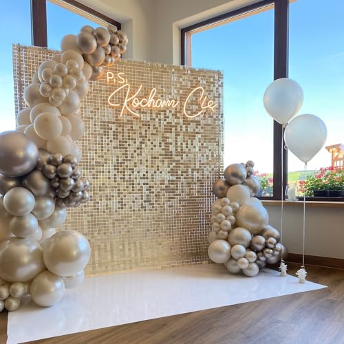 Image of Shimmer Wall Backdrop Champagne Gold 7FTx7FT Square Sequin Wall Panel Backdrop Decor for Wedding Anniversary Birthday Party, 49 Panels