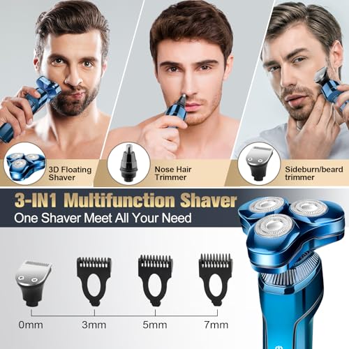 Image of Men's Electric Razor, Upgraded 4D Floating Magnetic Blade Head Rotary Shaver, 3-in-1 Multifunctional for Beard /Nose /Sideburns, IPX7 Waterproof Rechargeable Cordless Shaver, Turbo Speed, Gift for Men