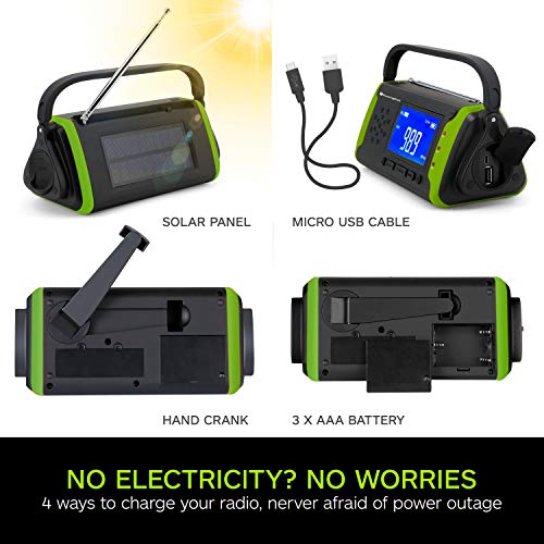Emergency NOAA Weather Crank Solar Powered Portable Radio with 4000mAh Battery Power for Cell Phone, Bright Flashlight for Household Emergency and Outdoor Survival (097-Green)