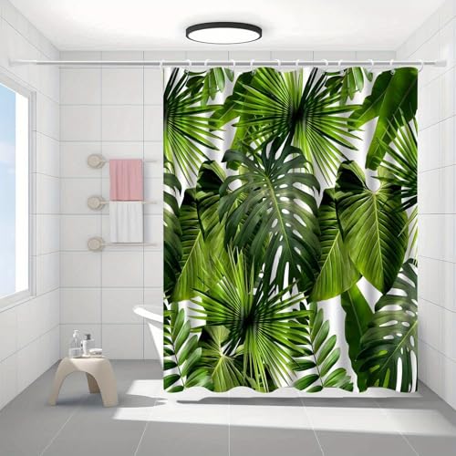 Rideau de douche textile grand format a motif exotique de palmier
