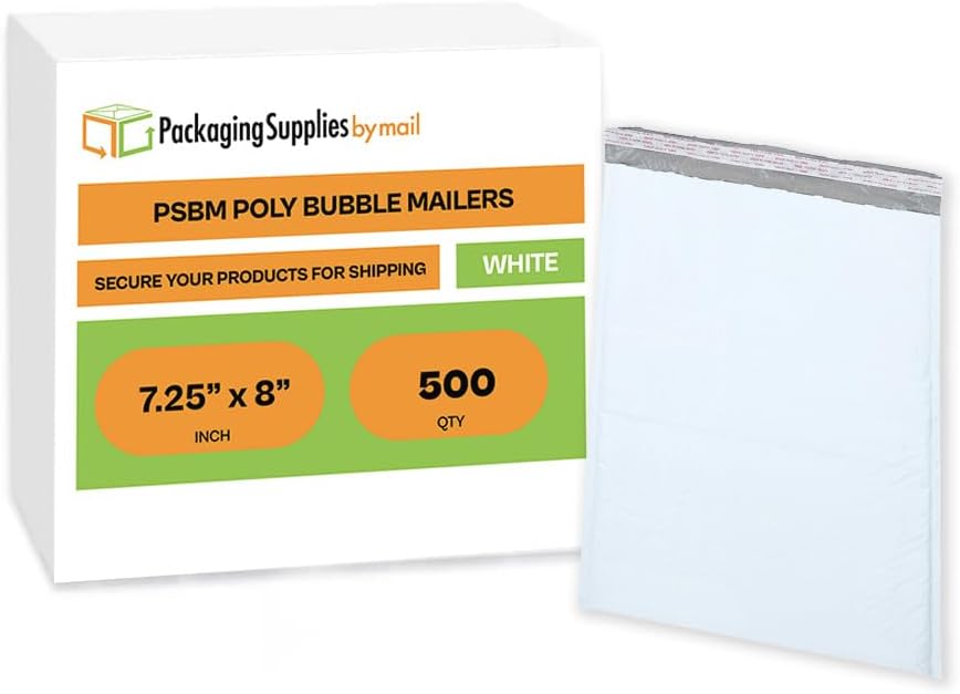 PSBM 500 Pack Bubble Mailer, 7.25 Inch x 8 Inch Self Adhesive White Padded Envelopes, Sturdy Bubble Envelopes ideal for Shipping, Padded Mailers, Bubble Wrap Envelopes for Small Businesses