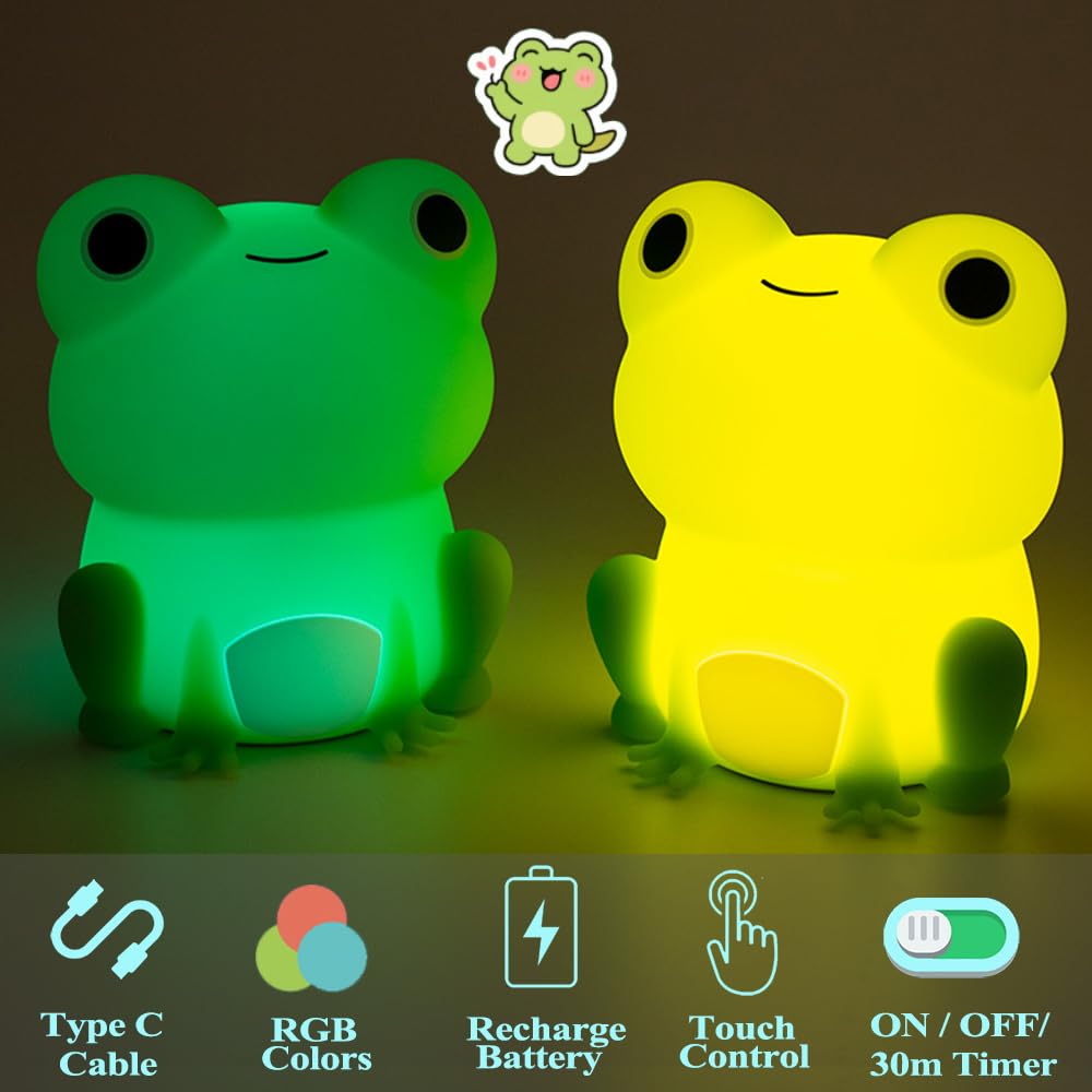 POSSHE Frog Night Light, Frog Gifts, Cute Silicone Nursery Rechargeable Dimmable Bedside Lamp, Kids' Bedroom Decor - Image 3