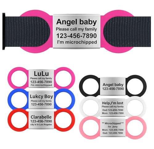 Silent Slide On Dog Cat ID Tags, Personalized Laser Engraved On Collar, Elastic Silicone Band and Stainless Steel Name Plate (Hot Pink, Small)