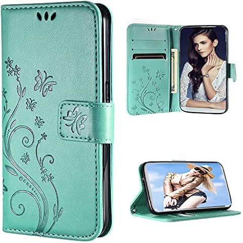 FLYEE Wallet Case Compatible with iPhone 16 with Card Holder,Convertible Stand Flowers Case Wallet for Women and Girls,Embossed Butterfly Floral Protective PU Leather Flip Case(Green,6.1inch) Cover