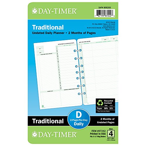 Day-Timer Two Page Per Day Refill, 2 Months, Undated, Loose-Leaf, Desk Size, 5.5