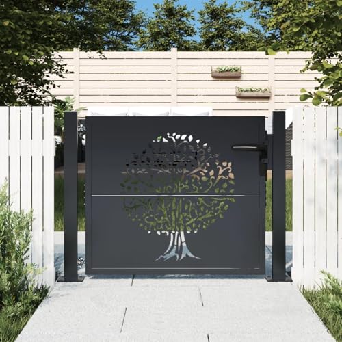 Gecheer Puerta de jardín Acero,Puerta para Valla,Puerta Exterior de Jardín,Cancela Barrera Valla Verja,Patio Entrada Exterior,Robusta y Duradera Gris Antracita diseño árbol 105x105 cm