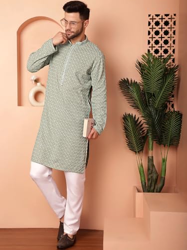 Image of Jompers Men's Pista Embroidered and Sequence Kurta with Pyjama (Pista, S)