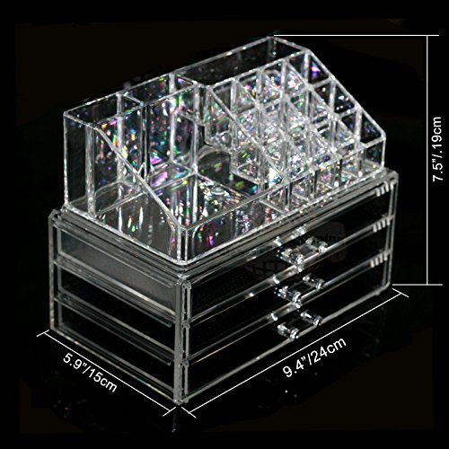 Berucci Clear Acrylic Jewelry Makeup Cosmetic Organizer Holder Storage – Two Piece Set with Three Bottom Drawers and Rectangular Top Design