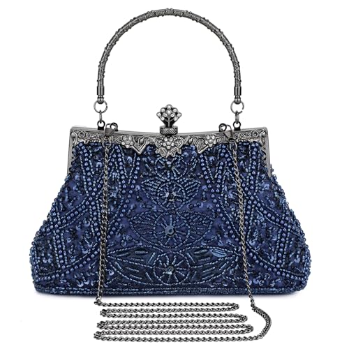 Selighting 1920s Vintage Beaded Clutch Evening Bags for Women Formal Bridal Wedding Clutch Purse Prom Cocktail Party Handbags Navy Blue
