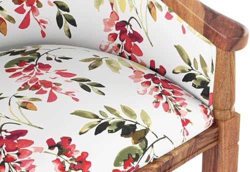 Image of Sheesham Wood Barrel Accent Chair with Floral Fabric Upholstery Teak Finish Handcrafted Wooden Lounge Chair with Backrest (Carmine Cassia)