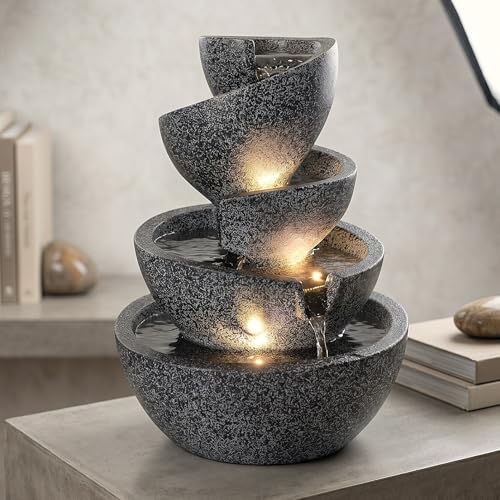LED Zimmerbrunnen Springbrunnen Innen- & Außenbrunnen aus Polyresin 39 cm hoch mit warmweißen LED-Spots Gartenbrunnen Deko Brunnen für Wohnzimmer Büro & Garten (Granit-Optik)
